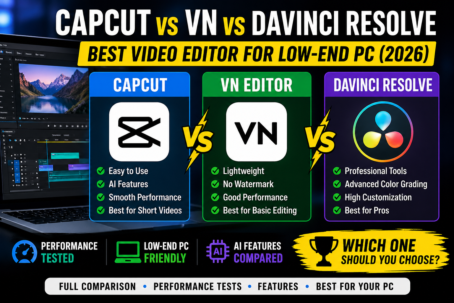 Best Video Editor for Low-End PC (2026): CapCut vs VN vs DaVinci Resolve Compared